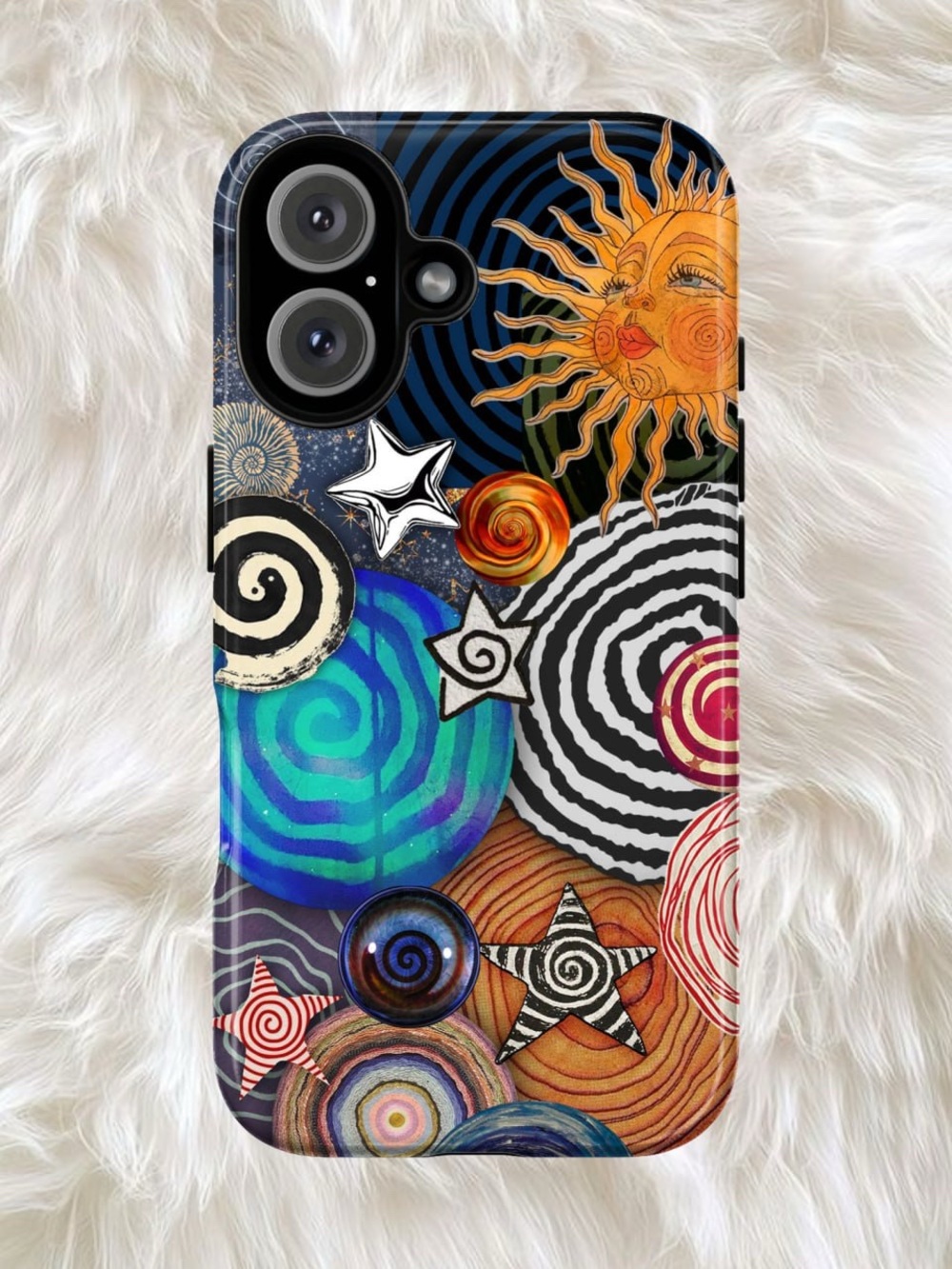 Whimsical Artistic Sun & Spiral Pattern Phone Case in Multicolor